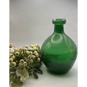 Mid century modern handcrafted with bubble details dark green glass vase